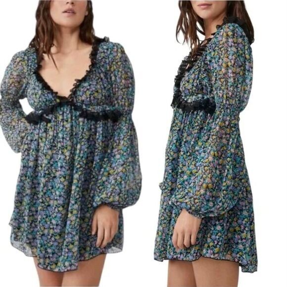 New! Free People Pennie Floral Print Ruffle Long Sleeve Mini Dress, size XS - Picture 3 of 16